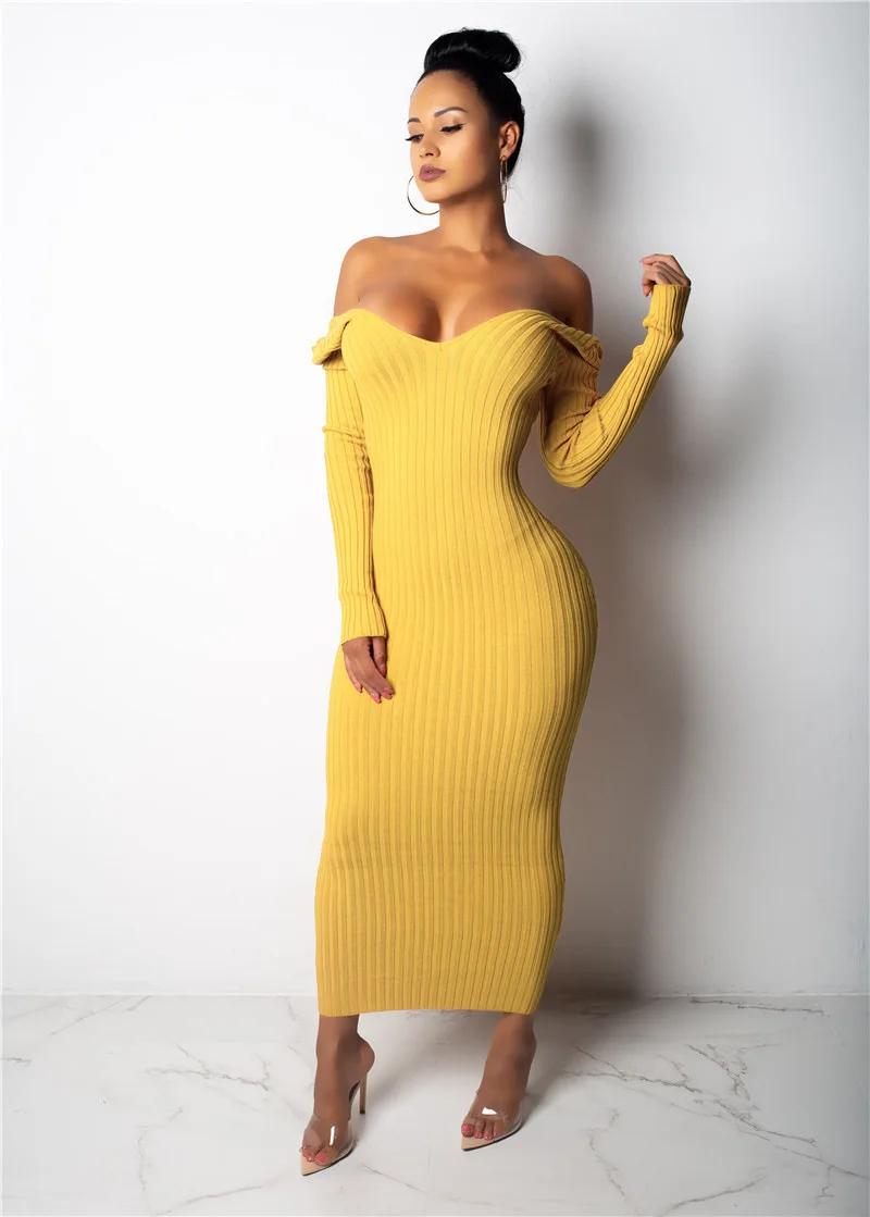 Ladies Sexy V-neck Knitted Dress Spring Autumn Women Fashionable Solid Color Long Sleeve Slim Skirt for Shopping | Женская одежда