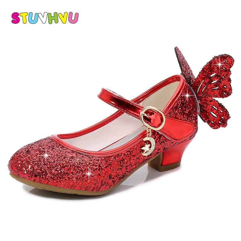 Girls High Heels Princess Kids Leather Shoes 2021 Spring and Autumn New Children Shoes Butterfly Crystal Girls Shoes Size 26-38