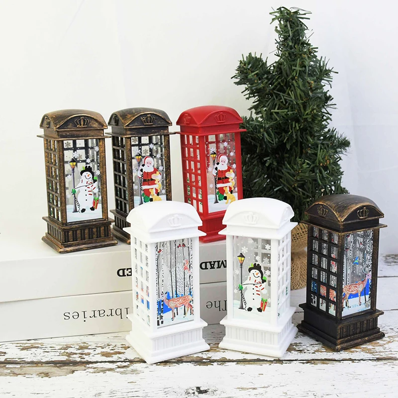 

1Pc Portable Christmas Vintage LED Phone Booth House Shape Wind Lantern Hanging Lantern Home Garden Decor Night Light Xmas Decor