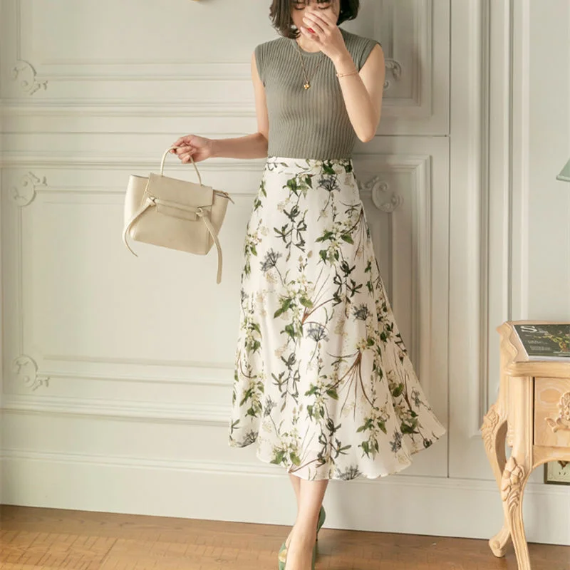 

Chiffon Skirt women's 2021 summer new high-end Green Flower Beach skirt