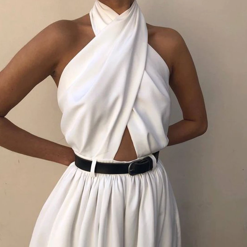 Женский комбинезон сексуальный без рукавов с лямкой на шее белые брюки открытой