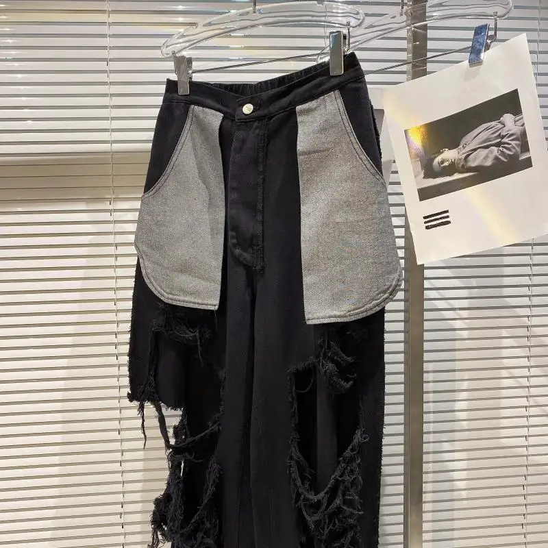 

2021 Summer New Fashionable Big Pocket Hole Old Qi Gai Ku Ragged Pants, Casual Pants Female Tide Beggar Dress Jeans