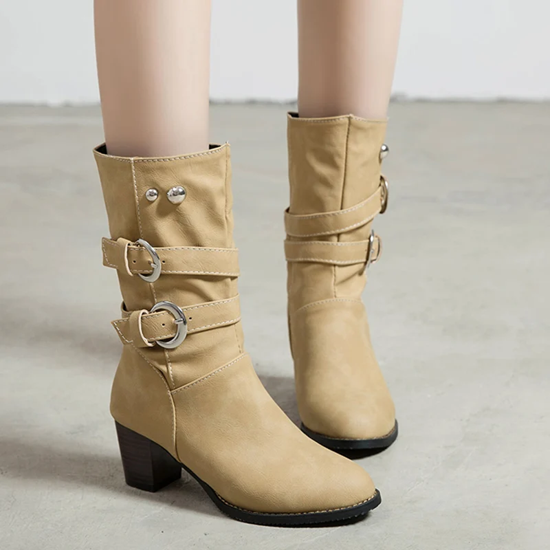 Rimocy Purple Warm Short Plush Mid Calf Boots Women Vintage Buckle Chunky Heels Pu Botas Mujer Plus Size Slip-on Shoes Woman