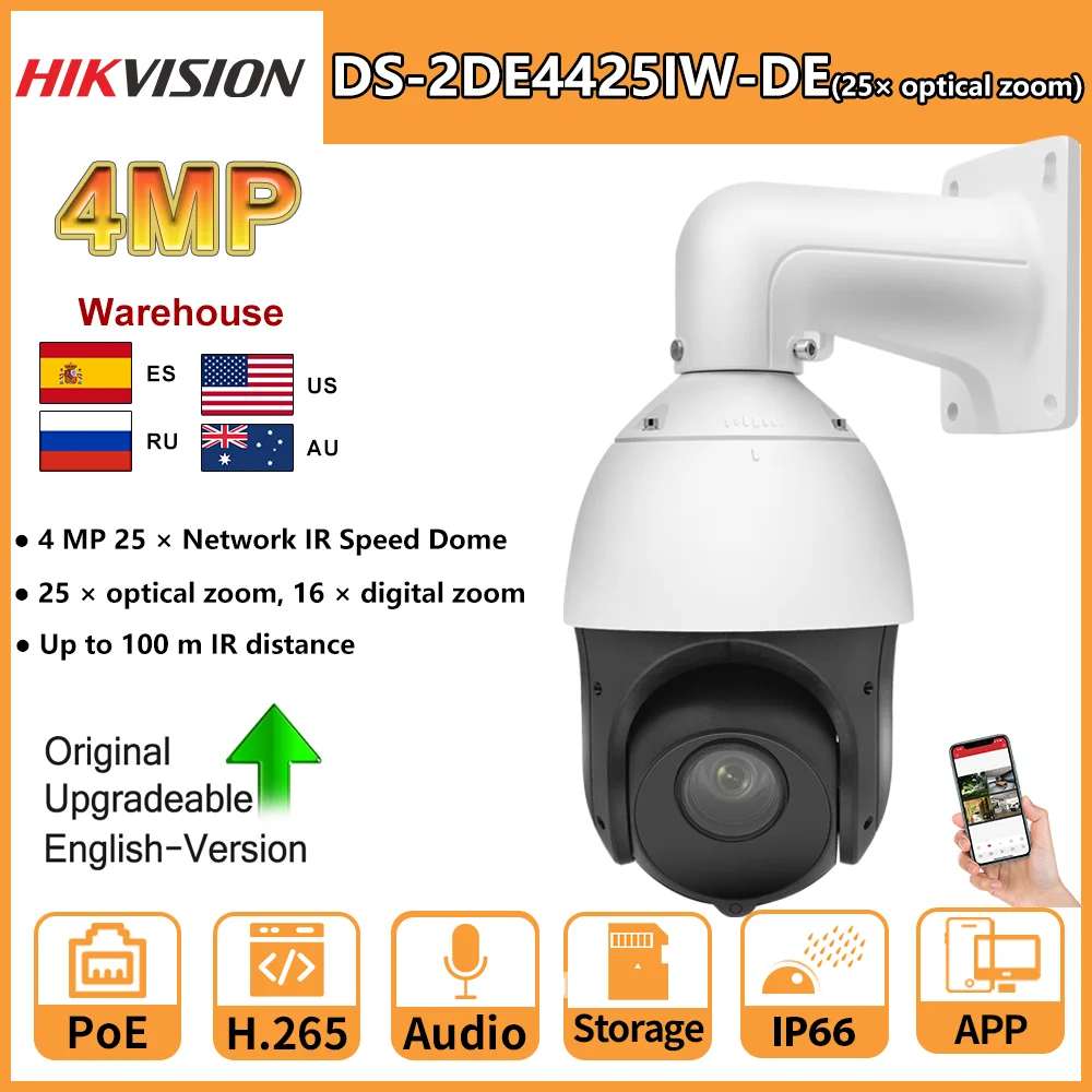 

IP-камера Hikvision PTZ, 4 МП, 25 дюймов, 100 м, H.265 + IP66