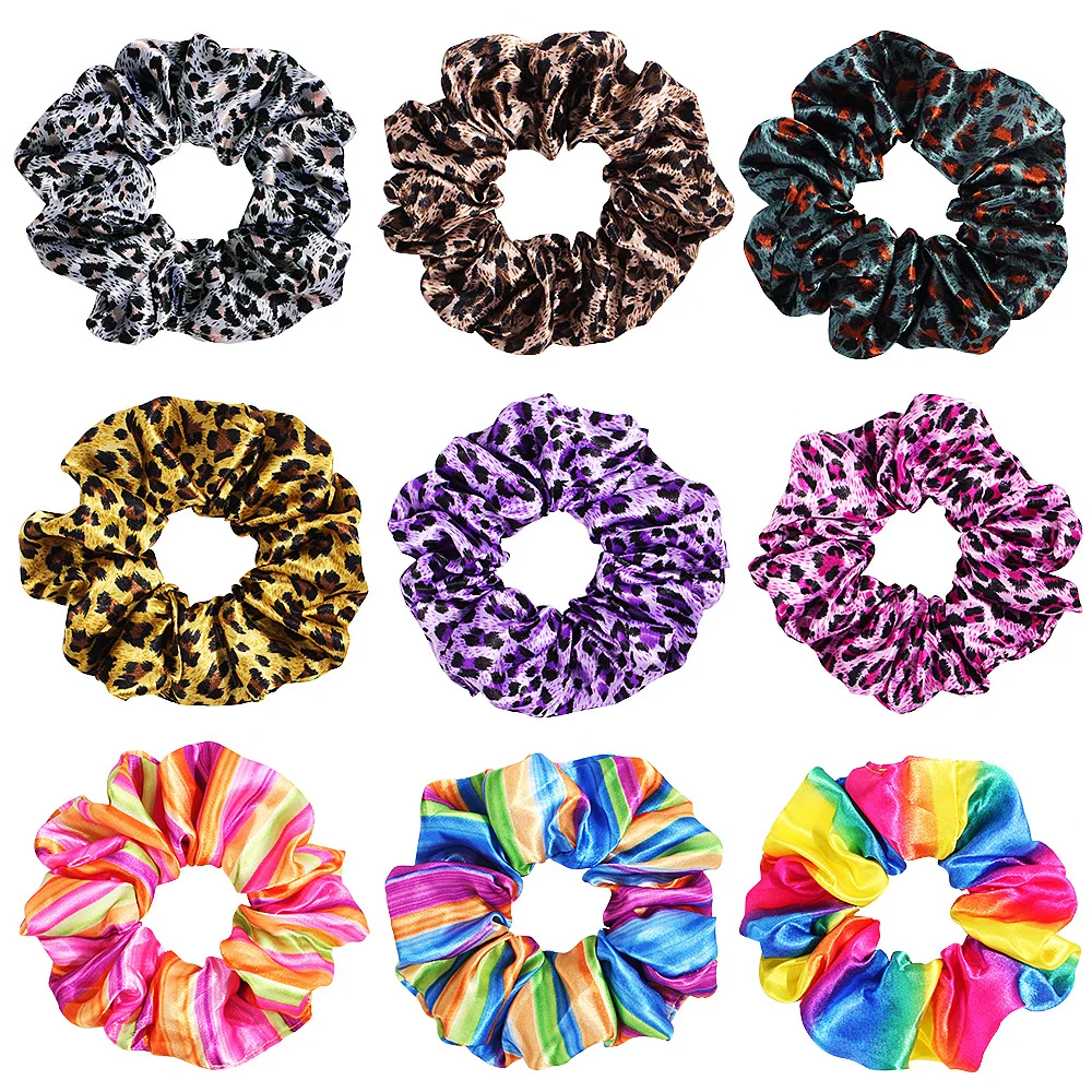 

hot Sale 1pc Rainbow stripes Printed Leopard fashion lady hair ring Scrunchie Elastic Hair Band Hair Ties Rope Hair Accessories