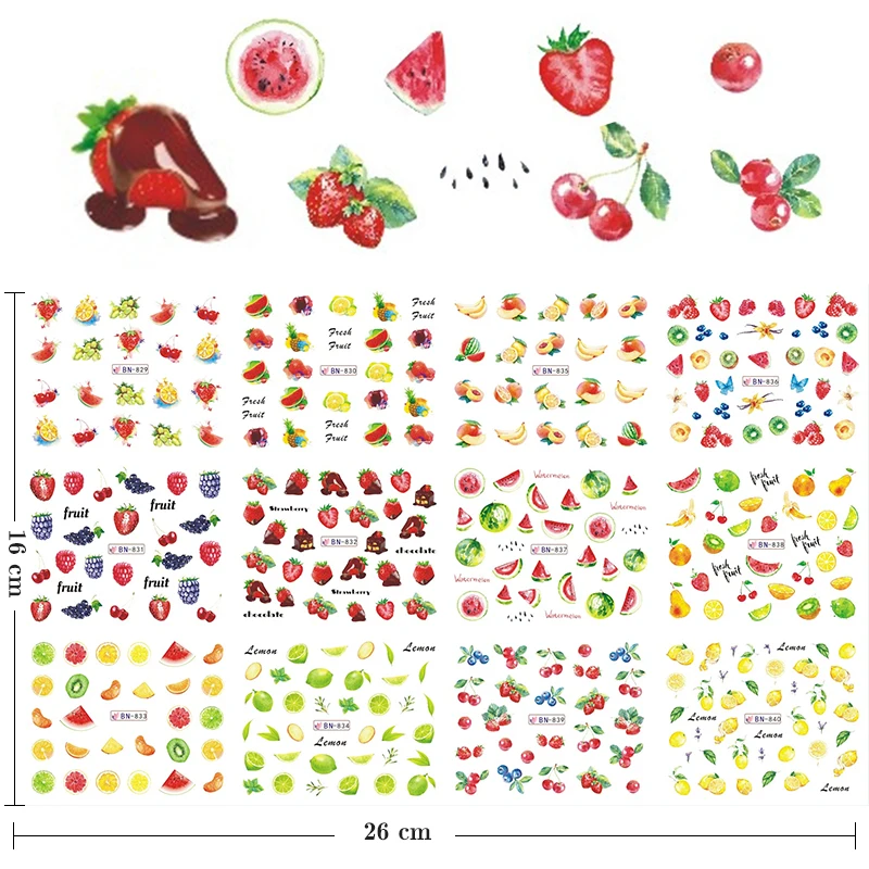 

12 Pieces Strawberry Summer Fruit Drink Nail Stickers Manicure Nail Art Design Water Transfer Watermark Beauty Decals