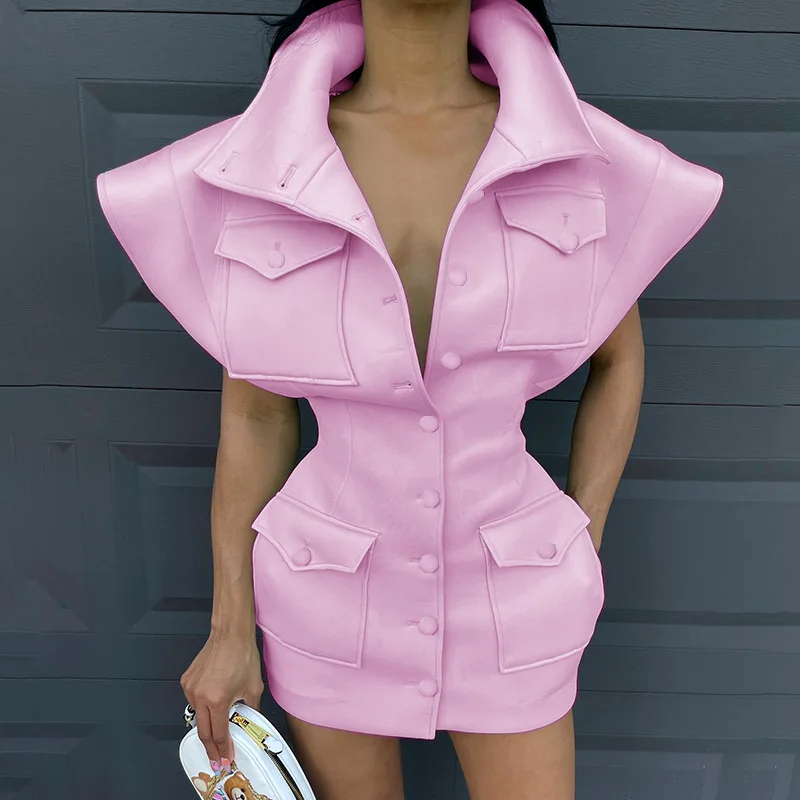 

Women's fashion mini dress 2021 summer new stand collar air cotton flying sleeve single breasted casual dresses waist jacket