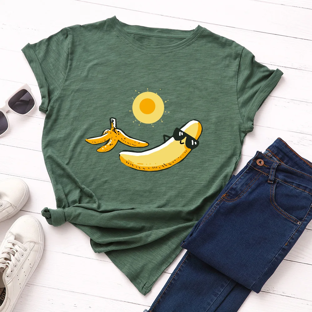 

Summer Women's T-shirt S-5XL Plus Size Banana Fruit Print Short Sleeve Graphic Tee Tops Casual O-Neck Female TShirt 100% Cotton