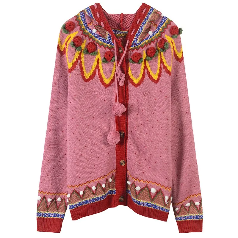 Повседневный однобортный Кардиган с капюшоном милый ручной крючок 3D свитер