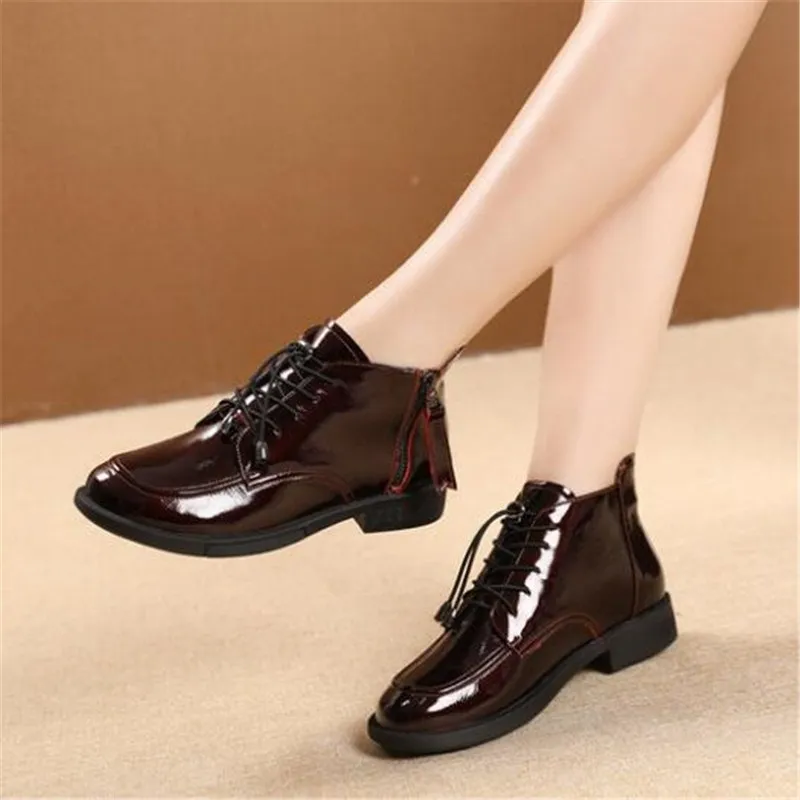 

ZXRYXGS Spring Top Cowhide Square Head Women Ankle Boots Low Heel Shoes Woman Boots Fashion Patent Leather Boots Women Shoes New