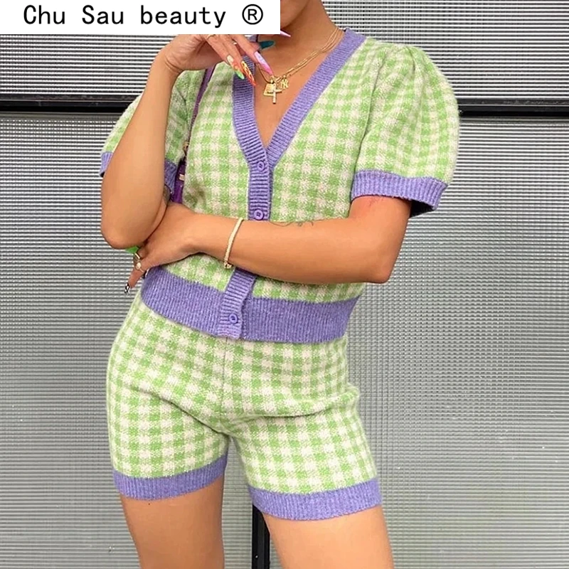 

Женский трикотажный жаккардовый костюм, Винтажный Зеленый кардиган с коротким рукавом и шорты в клетку, комплект из 2 предметов