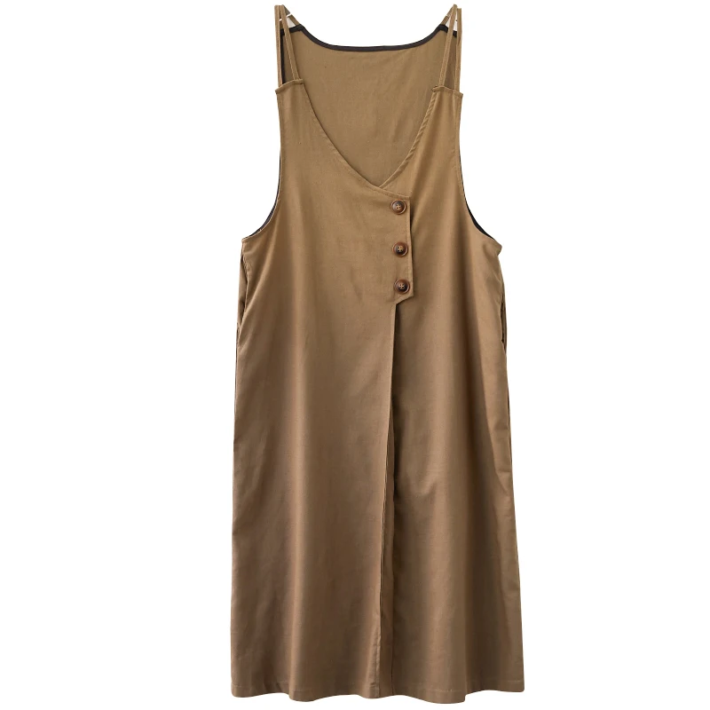 

COIGARSAM Cotton Linen Women dress New Summer Spaghetti Strap Suspenders Straight Dresses Black Brown 9007