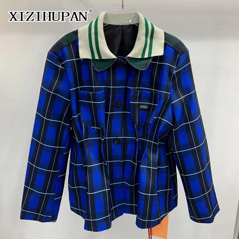 

XIZIHUPAN вязаное Женское пальто в клетку с лацканами и длинным рукавом в стиле пэчворк прямые свободные пальто с цветными блоками Женская Осен...
