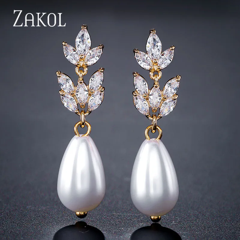 Женские серьги-подвески с кристаллами циркония ZAKOL имитацией жемчуга Листьев