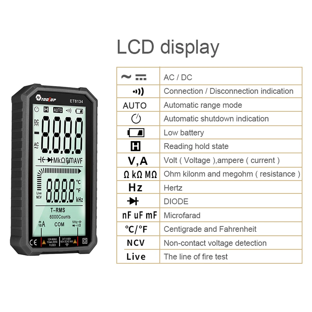 Multímetro Digital inteligente de nueva generación, medidor de voltaje de 6000V, 10A, 4,7 pulgadas, Ture RMS, AC, DC, NCV, Ohm, capacitancia Hz