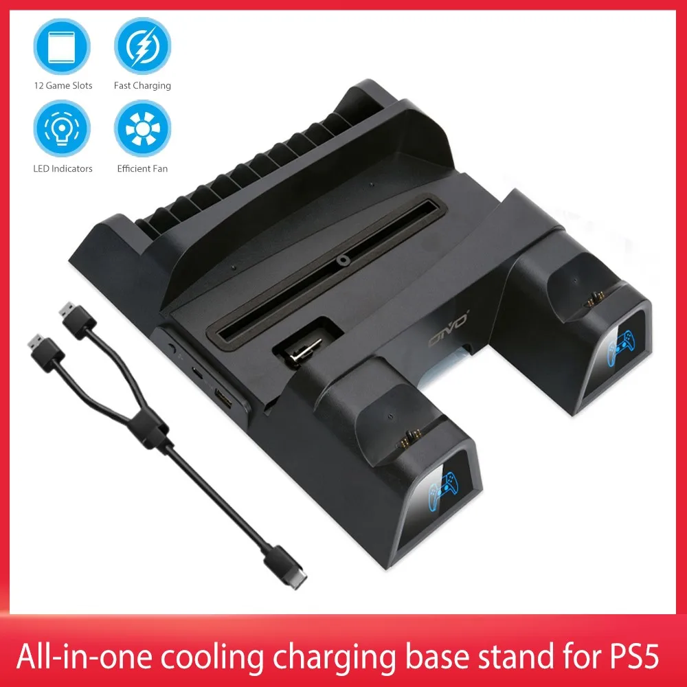 

Game Console Vertical Stand 2 Ports Game Controller Charger Charging Station Dock Game Cards Storage Cooling Stand for PS5