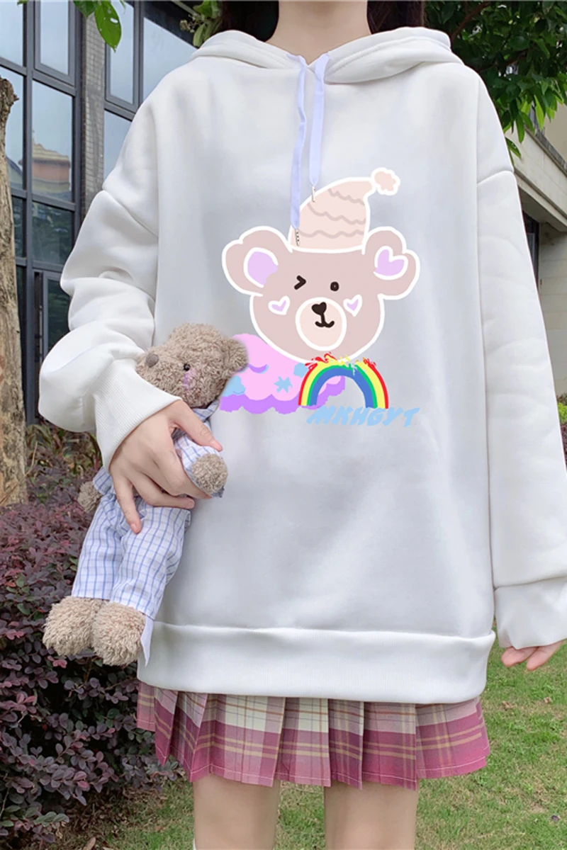 

Autumn Winter New Hoodie with Velvet Women Korean White Cartoon Pattern Print Tops Girl Pullover Long Sleeve Hoodies Student