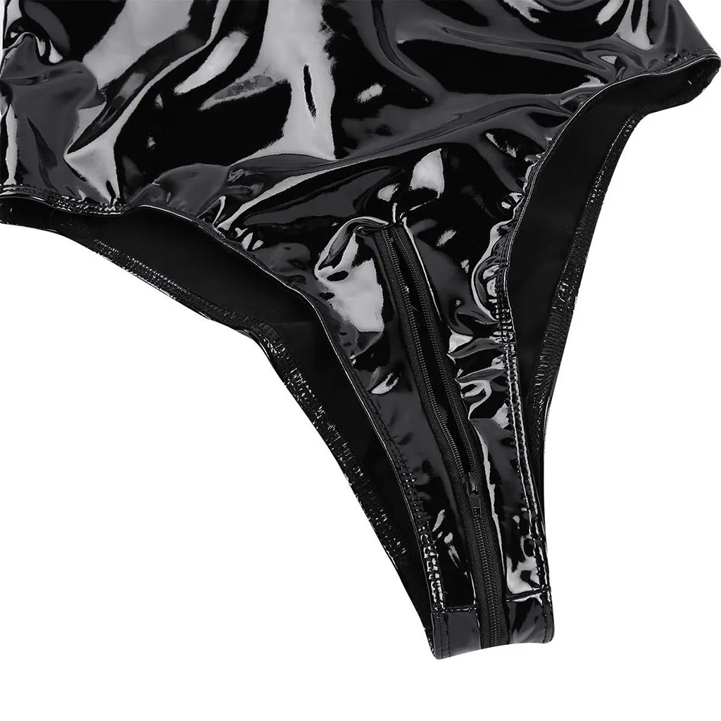 

Erotic Leather Net Crotchless Catsuit Erotic Dew Chest See Through Open Crotch Breast Exposing Sexi Latex Bodysuit Lingerie