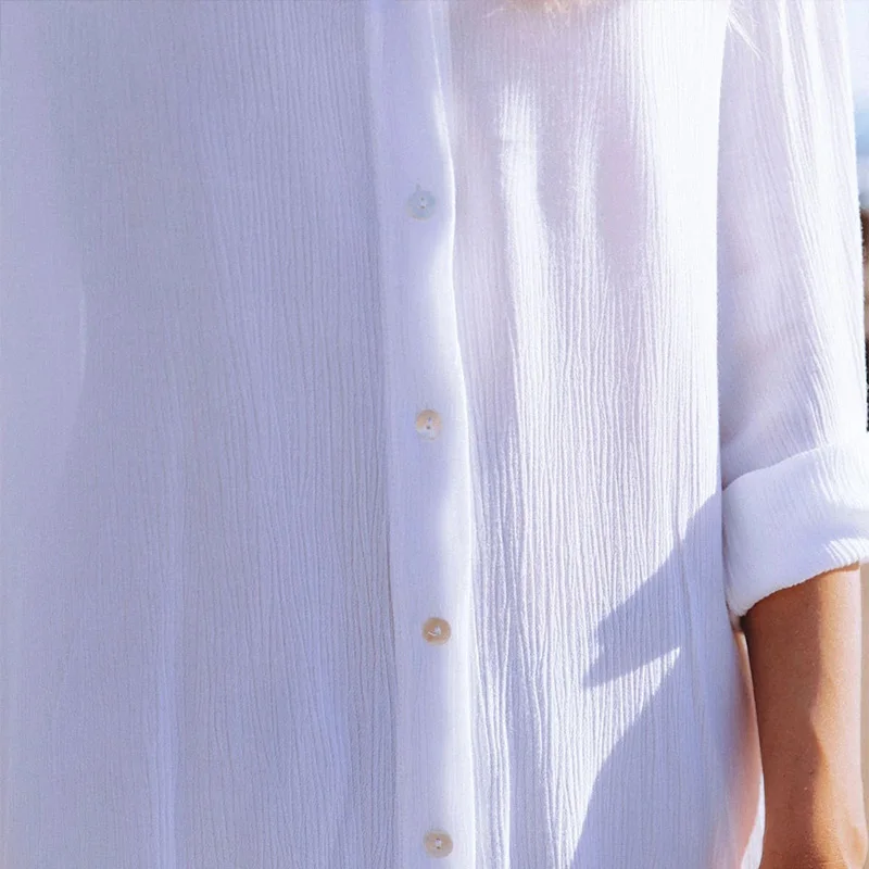

Ins Fashion Women Loose Chiffon Tee Shirt BF Oversized Lapel Long Sleeve Patchwork Ladies Shirt Summer Beach Holiday Mid Tops