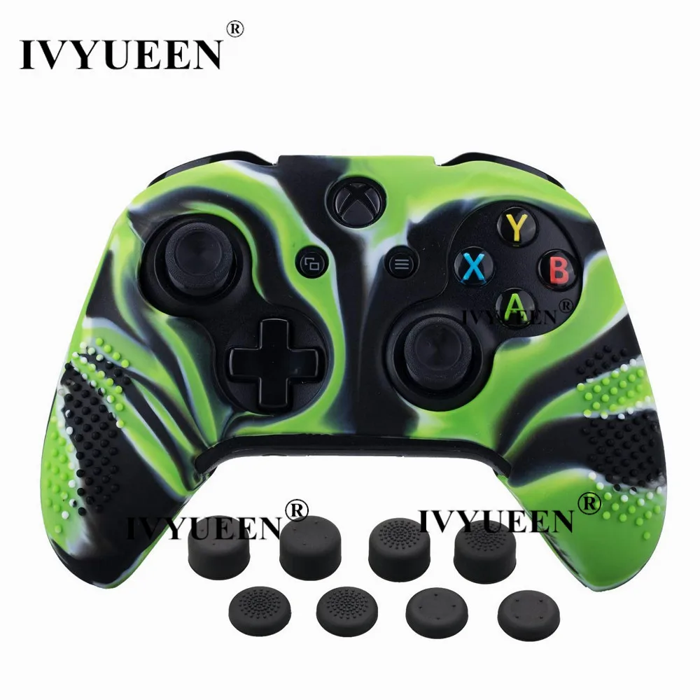 Green Camo IVYUEEN силиконовой кожи для Xbox One X S контроллер Противоскользящий защитный чехол и 8 шт. аналоговые ручки Захваты дополнительная высота колпачки для большого пальца - Цвет: Green Camo
