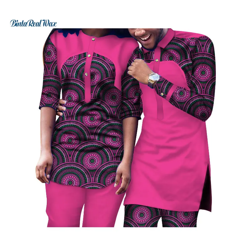 

Causal African Wax Print Couples Clothes Bazin Men and Women 2 Piece Top and Pants Sets Traditional African Clothing WYQ106