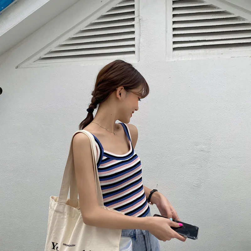 

Women Knitted Tank Tops Sexy Spaghetti Strap Stretch Cropped Tops 2021 Striped Knit Camisole One Size Hot Sale