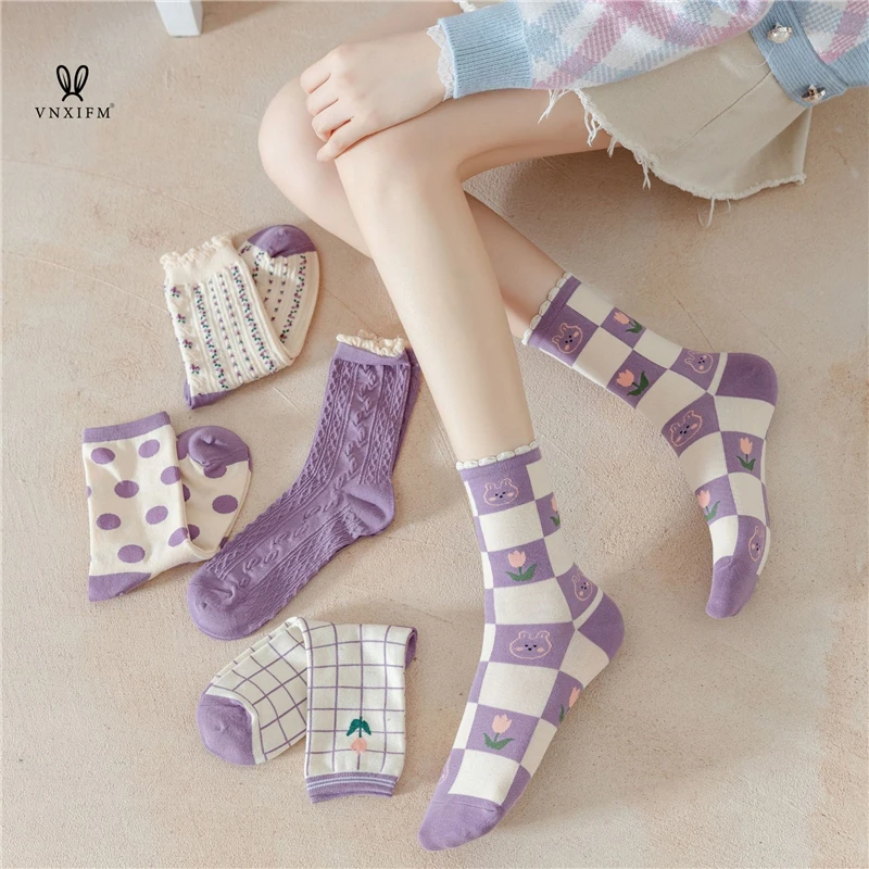 2021 new purple series cotton socks women's sweet floral plaid in tube women's socks college style cotton taro purple lace socks