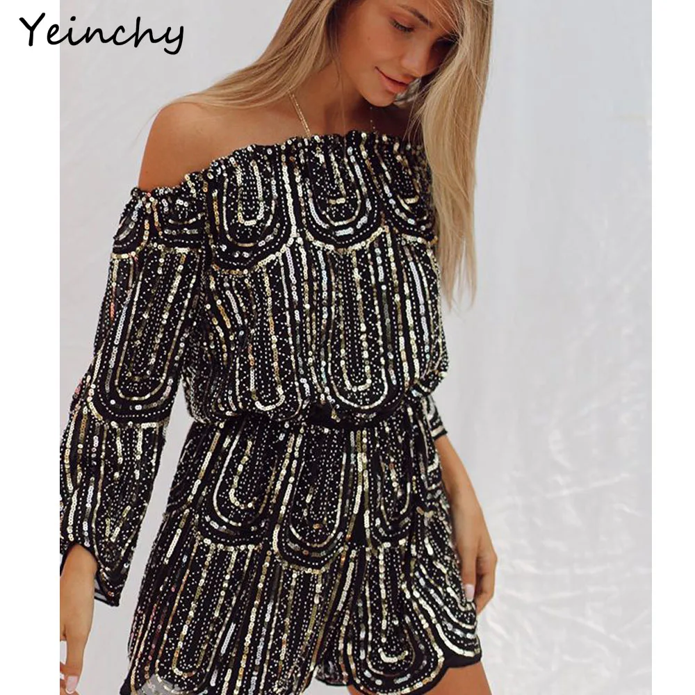 

Yeinchy sexy women off shoulder slash neck long sleeve ladies Elastic waist sequin party playsuit FM6105