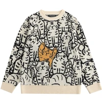 harajuku vintage streetwear sweaters men pullover cartoon tiger pattern knitted jumpers 2021 autumn couple casual loose tops men