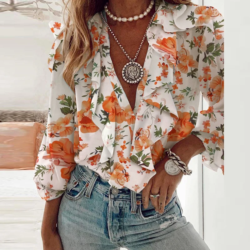 Женский топ с цветочным принтом элегантный офисный V-образным вырезом и оборками