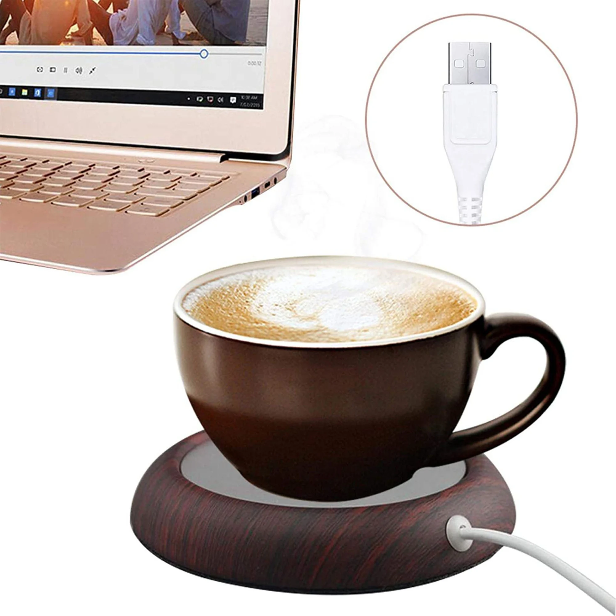 

Heating Coaster Pattern Wood Grain Round Design USB Charging Beverage Electric Plate 2021 New Arrivals High Quality