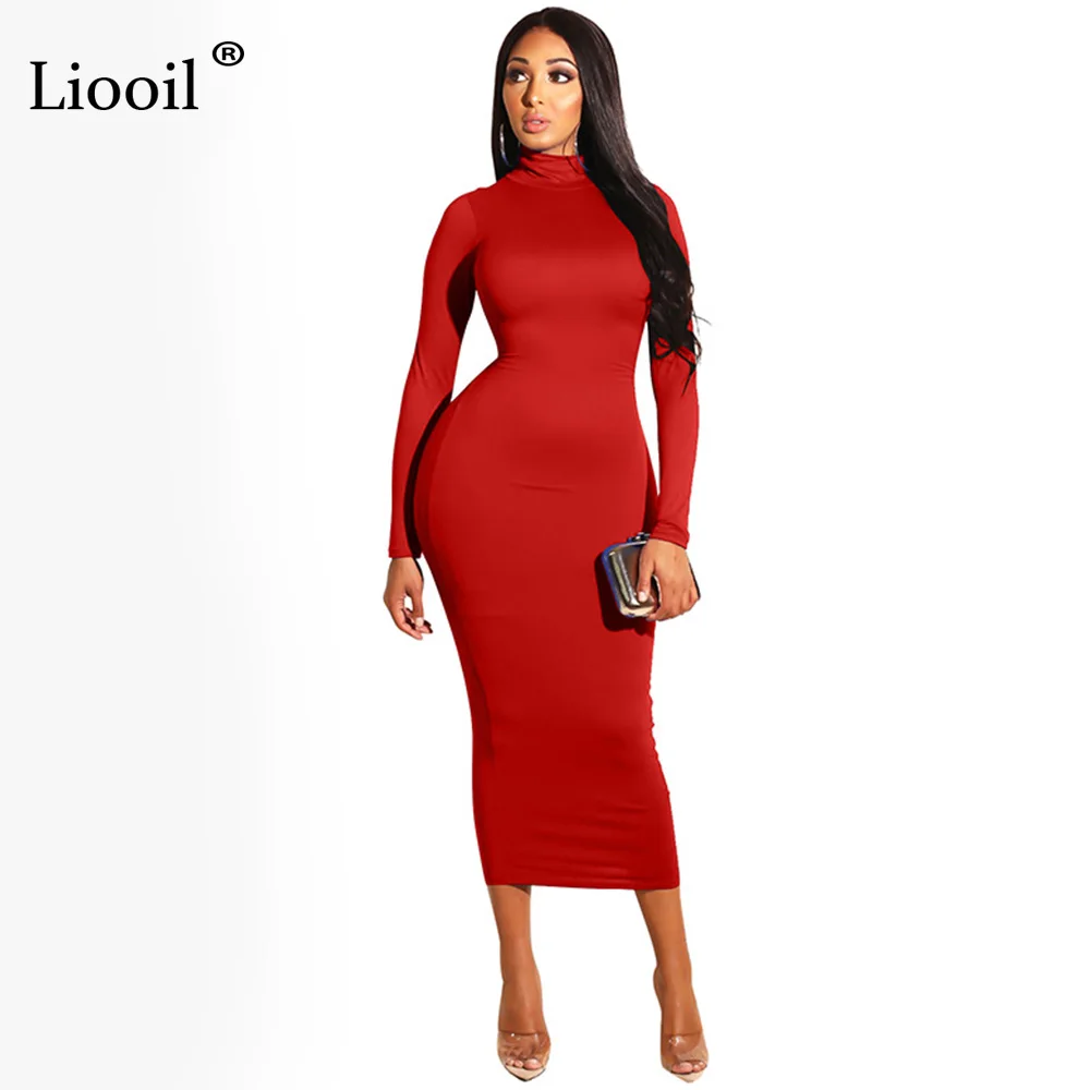 Liooil, сексуальное, облегающее, белое, макси платье, для женщин, осень, зима, длинный рукав, водолазка, стрейч, Клубные, вечерние, облегающие, длинные платья - Цвет: Красный
