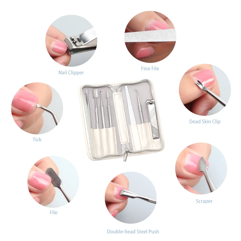 

7pcs /set White Manicure Stainless Steel Dead Skin Clip Double Head Steel Push Nail Polish Nail Removal Cutter For Exfoliating