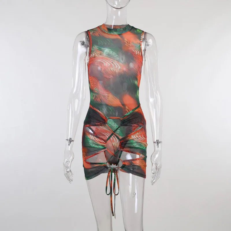 

Colorful Through Mesh Sexy Women Dress Summer 2021 Printed Sleeveless Bandage Drawstring Bodycon Mini Dresses Nightclub Party