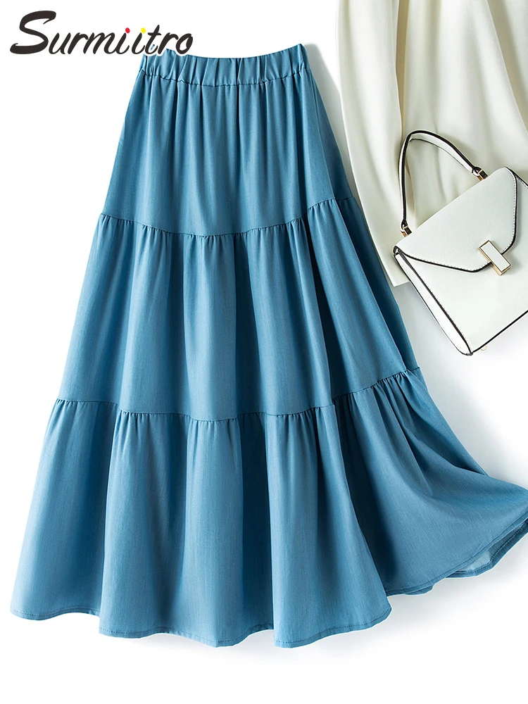 

SURMIITRO 2022, модная весенне-летняя тонкая длинная Плиссированная юбка средней длины в Корейском стиле, женская синяя джинсовая юбка с высокой т...