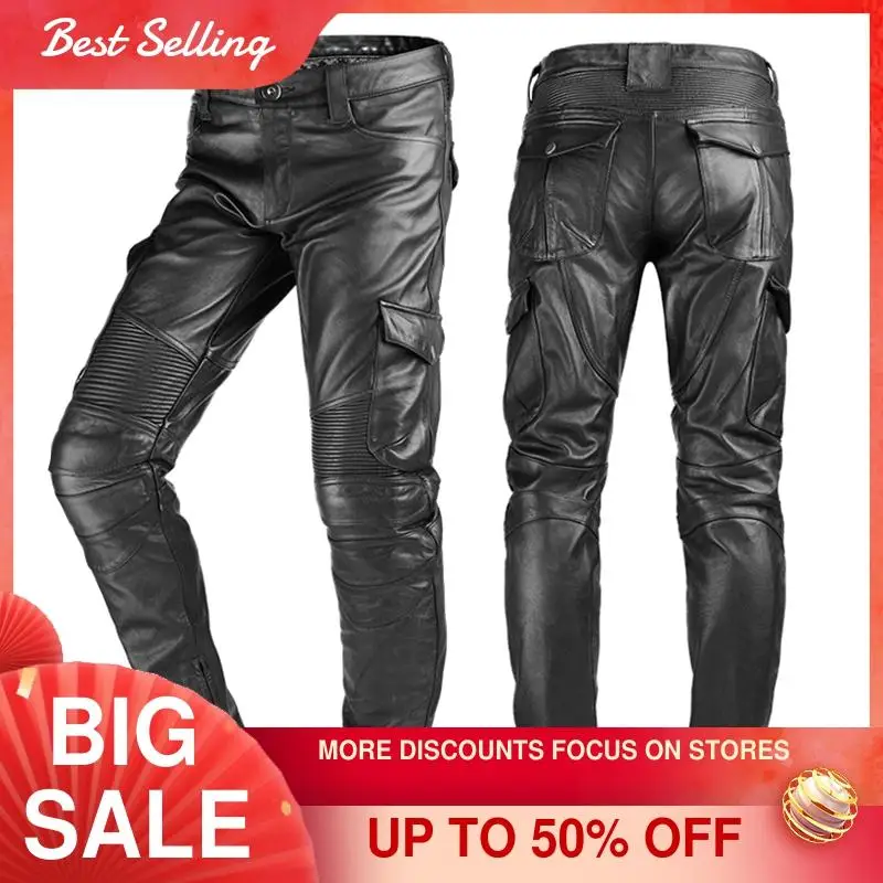 

2021 Black American Motorcycle Style Real Natural Leather Trousers Men Plus Size 4XL Genuine Thick Cowhide Biker's Pants
