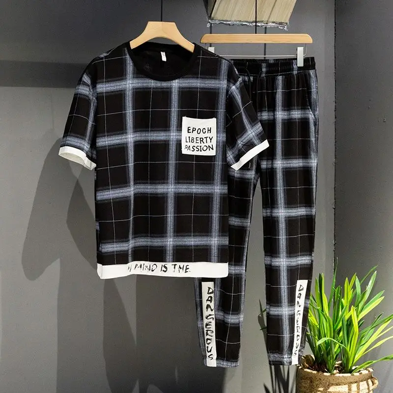 Summer Cotton and Linen Men's Casual Suit, Checkered Sports Two-piece Suit, T-shirt and Trousers Suit Two Piece Set Summer