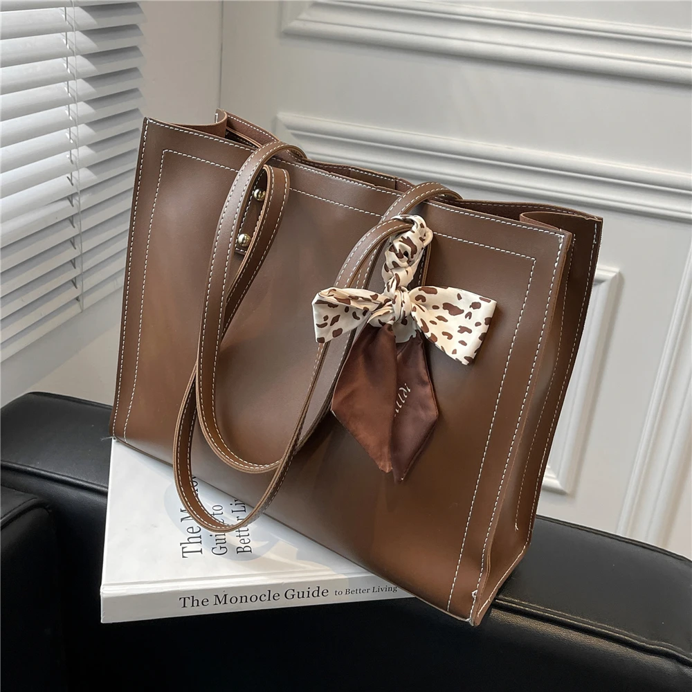 

Vintage Simple Large Shoulder Tote Bags For Women Brand Designer Ribbon Solid Color Long Handle Work Ladies Handbags Winter 2022