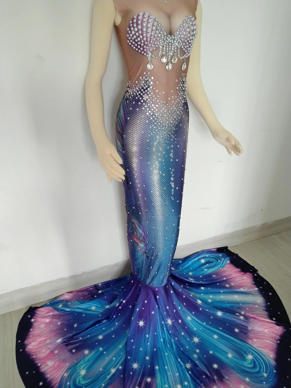 Sexy Pearls Rhinestones Mermaid Long Dress Party Banquet Women Trumpet Trailing Singer Cosplay Stage Costumes | Женская одежда