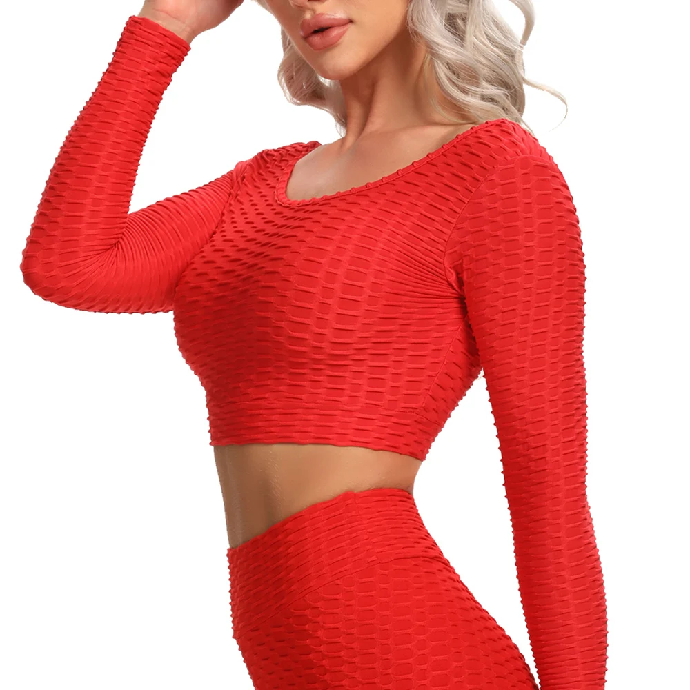 Women's Long Sleeve Yoga Top Gym Sports Running Workout Tshirts With Open Back Fitness yoga shirt Red Sexy Wear