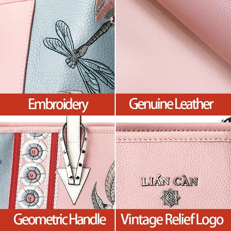 LIAN CAN вместительная Повседневная сумка с вышивкой из натуральной кожи сумки