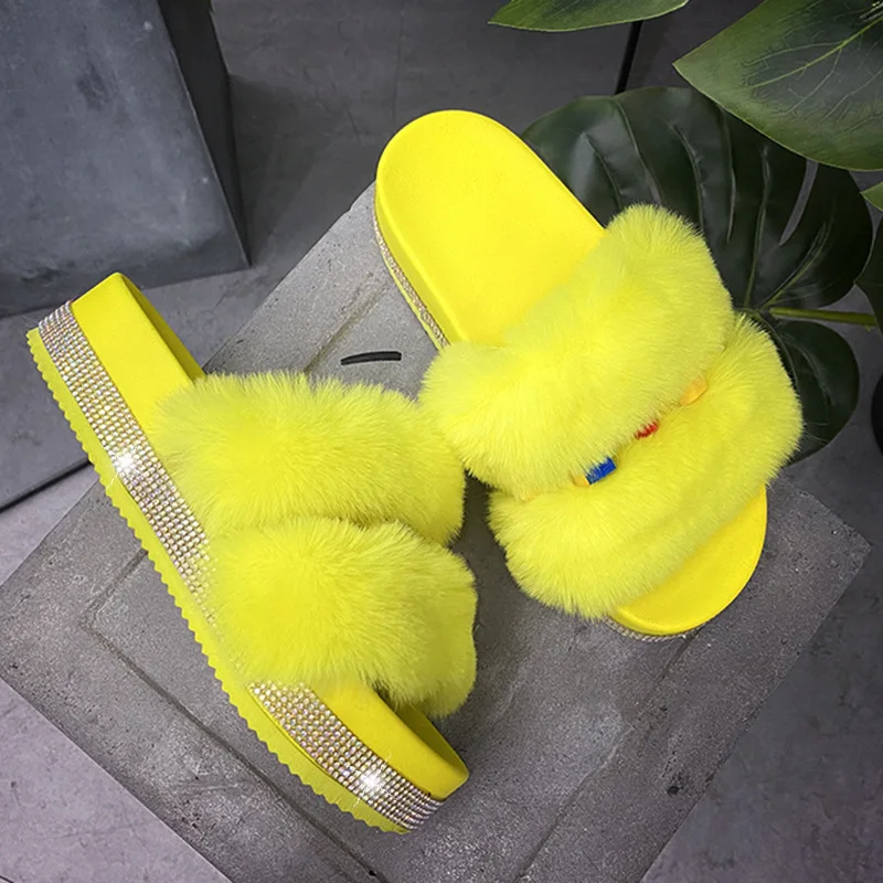 

Fur Slippers 2020 Women Autumn Outdoor Bling Pink White Flat Sandals Plush Fashion Casual Shoes Home Slippres Comfortable Shoes