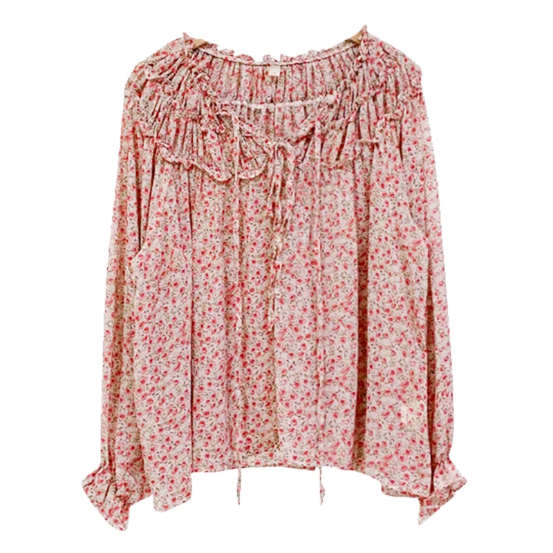 

ZAWAHIKI 2021 Spring Sweet Floral Chiffon Women's Blouse Ruffled Pleated Drawstring Tops Puff Long Sleeve Fashion Blusas