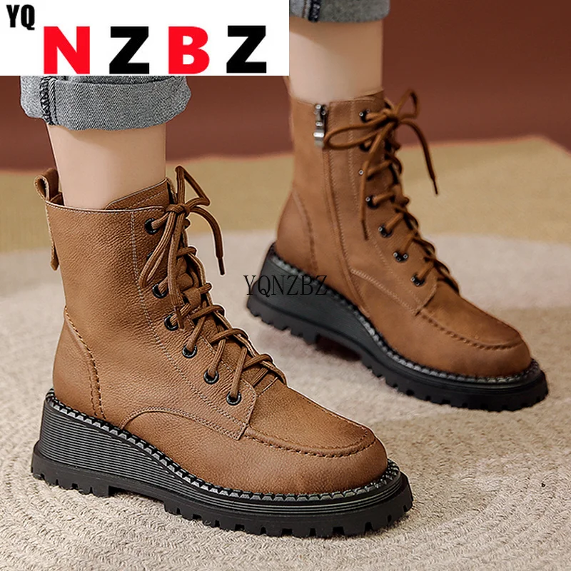 

2022 Autumn New Fashion Platform Round Head Square Heel Women Ankle Boots Lace-up Zipper Thick Heel Women Casual Chelsea Boots