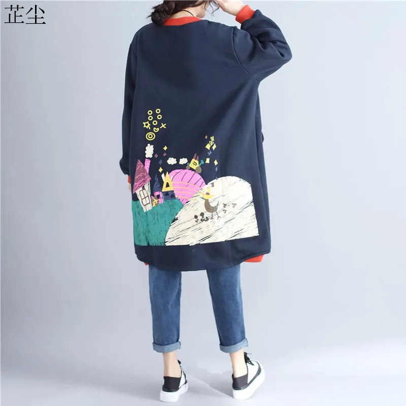 Принт с героями мультфильмов Kawaii, куртка с принтом для Для женщин Винтаж свободные Повседневное на молнии Длинная Куртка пальто больших размеров Размеры утолщаются из шерсти ягнёнка, кашемир кардиган пальто Chaqueta Mujer