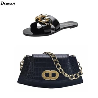 2021 new ladies slippers and sandals fashion black metal chain decorated flat sandals with bag women slides female beach shoes