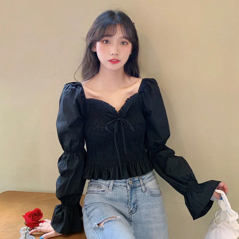 

Early Spring Bubble Sleeve Ruffle Square Collar Bandage Waist Short Shirt 2021 New Korean Long Sleeve Top Women's Fashion