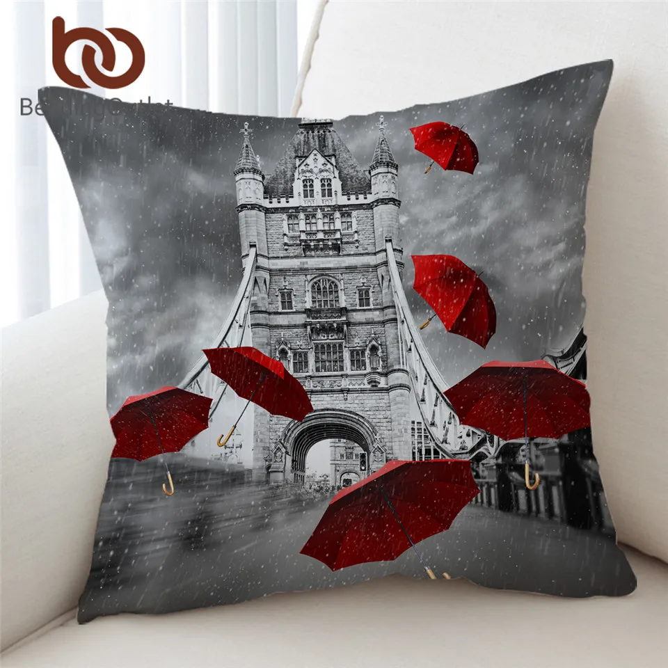 

BeddingOutlet Red Umbrella Cushion Cover England London Pillow Case Tower Bridge on River Thames Decorative Throw Pillow Cover