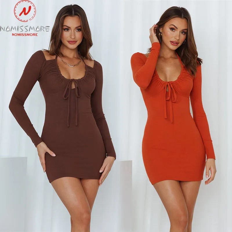 

Sexy Women Solid Color Pencil Dress Hollow Out Design Bandage Decor Halter V-Neck Long Sleeve Mid Waist Slim Hips Mini Dress