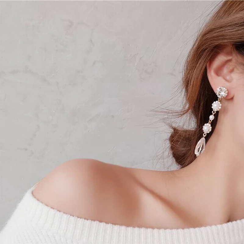 Новые корейские серьги с искусственным жемчугом элегантный кристалл горного